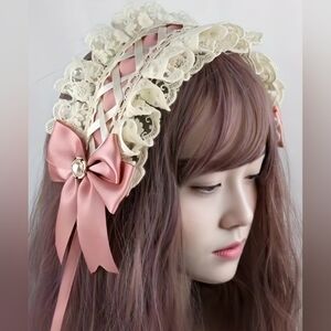 Pink Lace Bow Lolita Bonnet Headpiece Headdress Kawaii Victorian